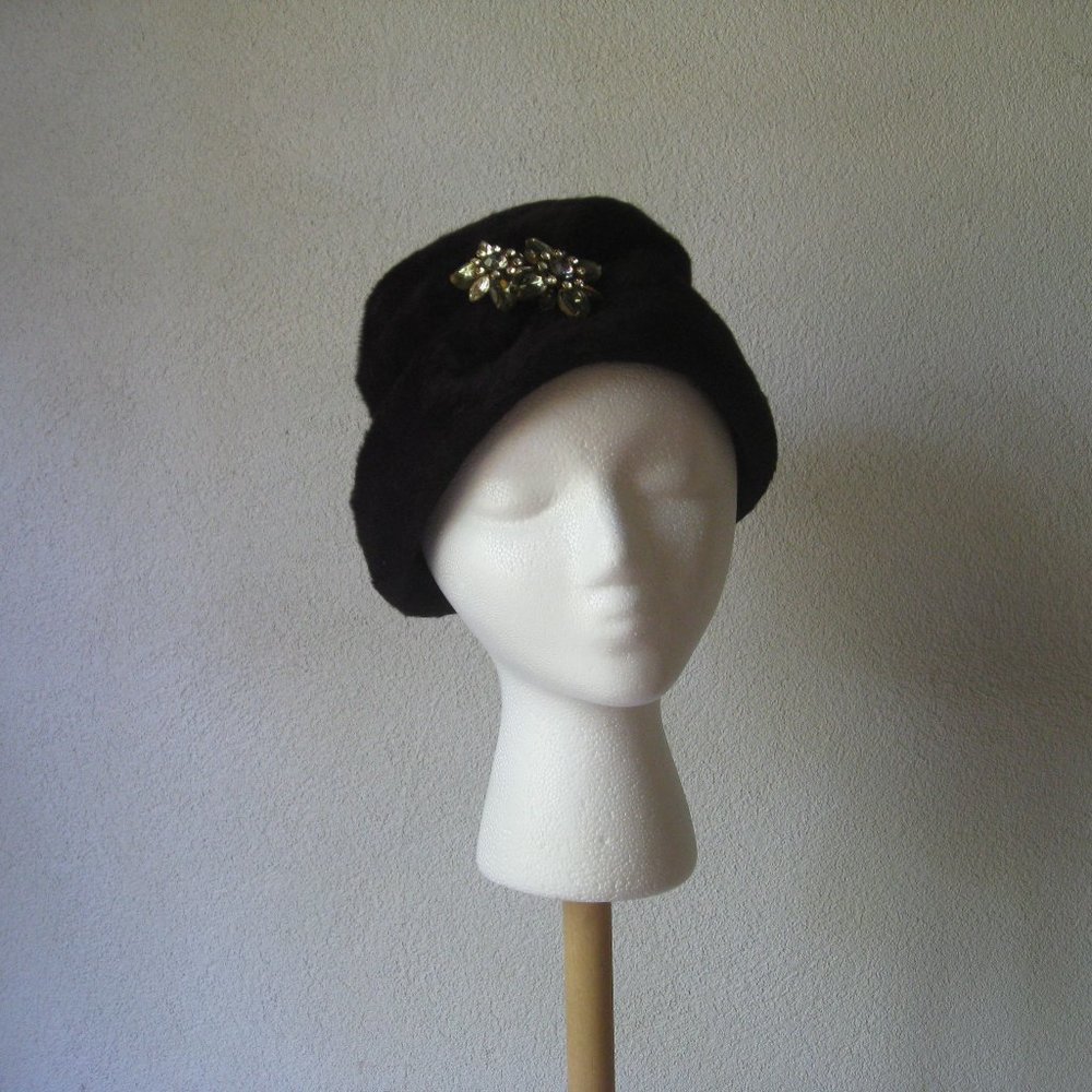 Vintage l 60s Marche Exclusive Designer Black Faux Fur Rhinestone Pin Brooch Hat